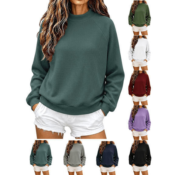 Women Sweatshirt Fall Waffle Pullover Tops Loose Casual Long Sleeved Lightweight Crewneck Fashion Travel Vacation Outfits