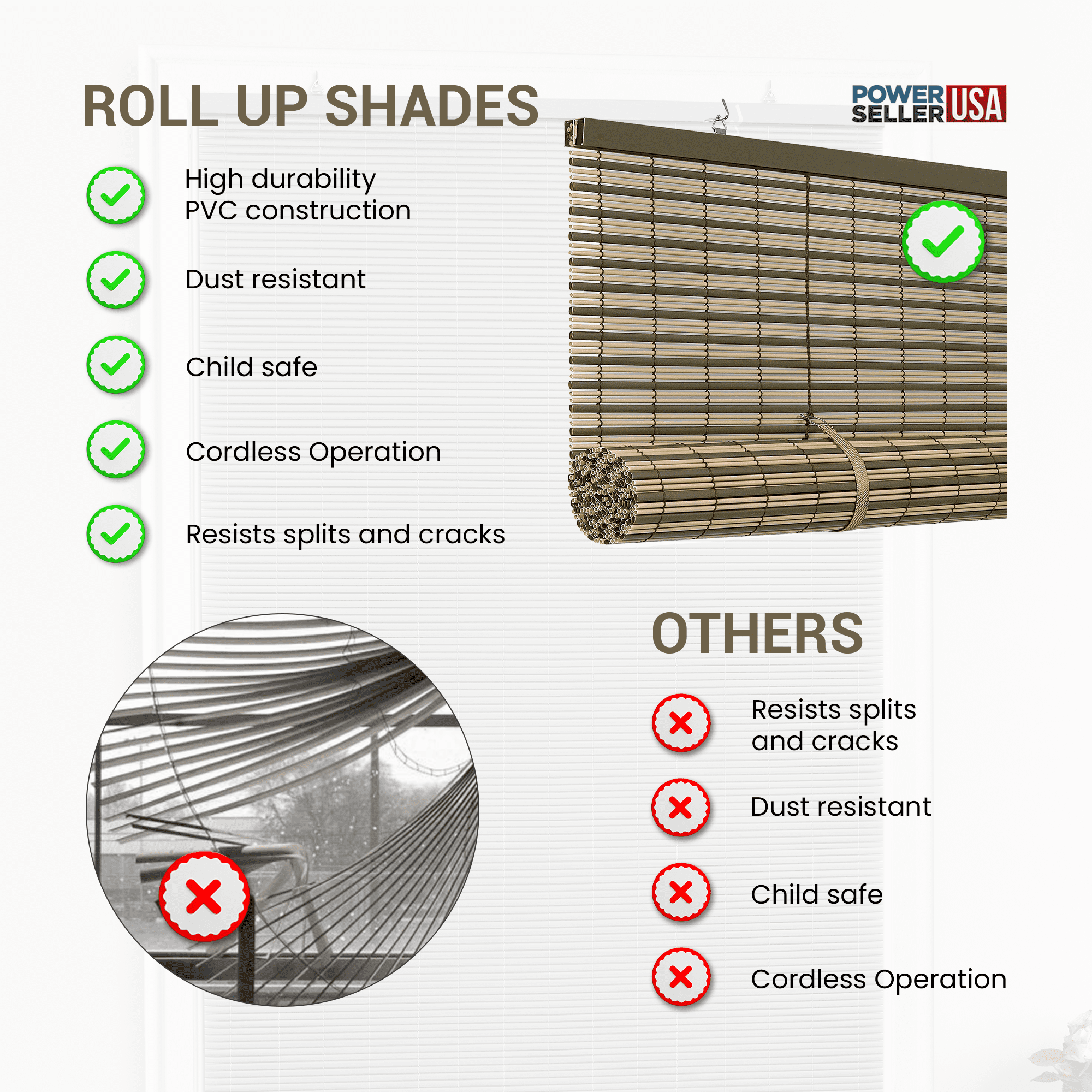 PowerSellerUSA Oval Cordless Blinds, Roll-Up Roller Shades for Windows and Doors, Light Filtering and Shades Privacy Window Treatment for Home - 48" (Width) x 72" (Length) Brown