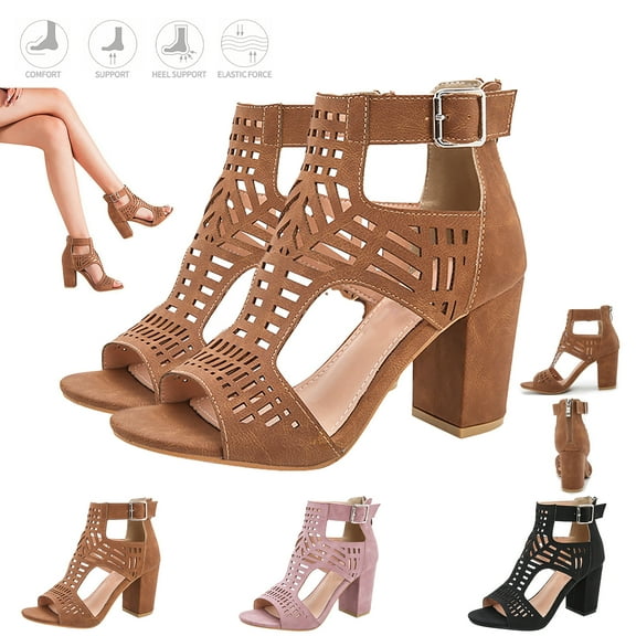XDDLITP Women's 2025 Heeled Sandals, Chunky Open Toe Ankle Strap, Vintage Cutout Block Heel Summer Party Sandals,Brown 39(US-7)