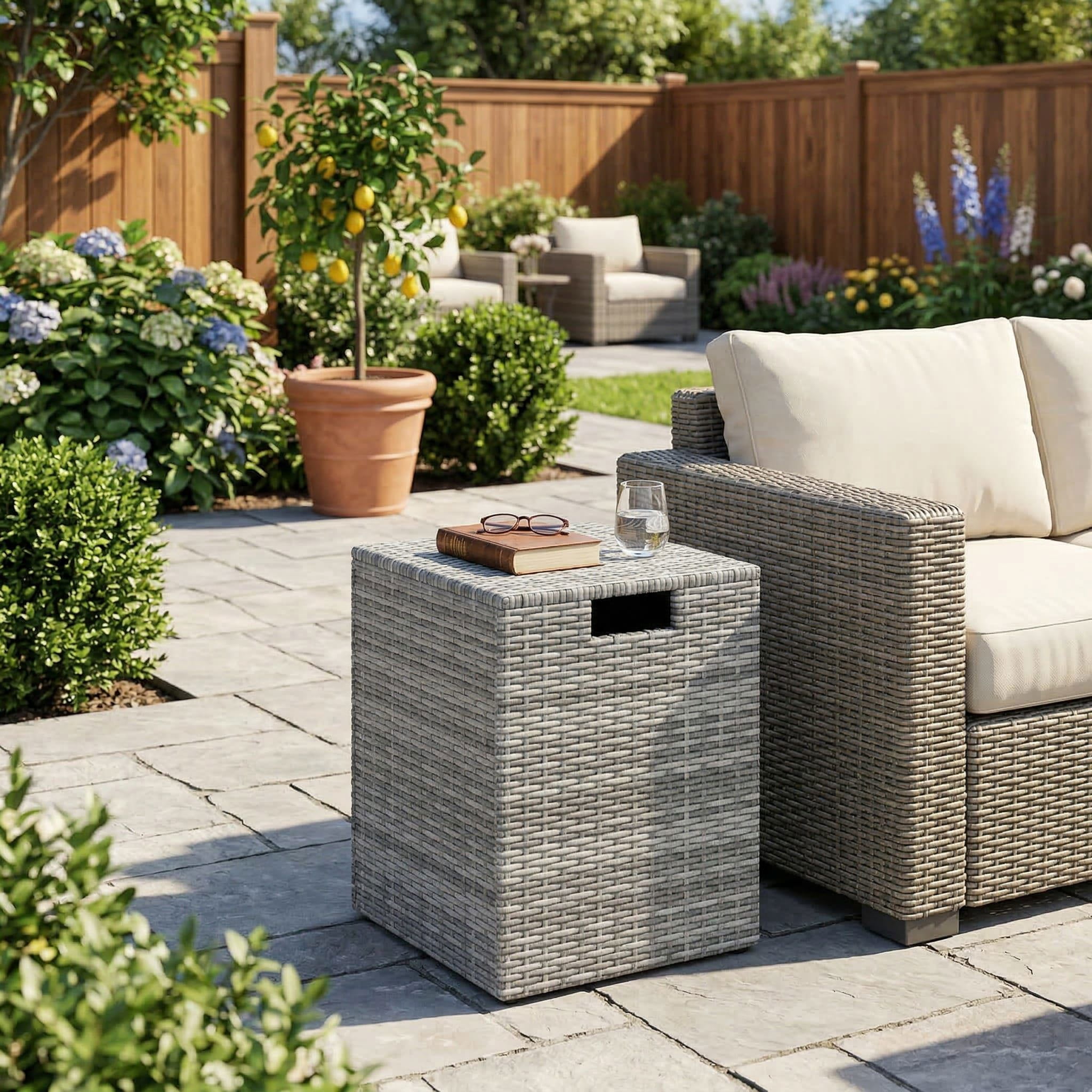 Resenkos Weather Resistant PE Rattan Propane Tank Cover, Multiuse Patio Side Table and Gas Tank Hideaway for Garden and Balcony, Gray