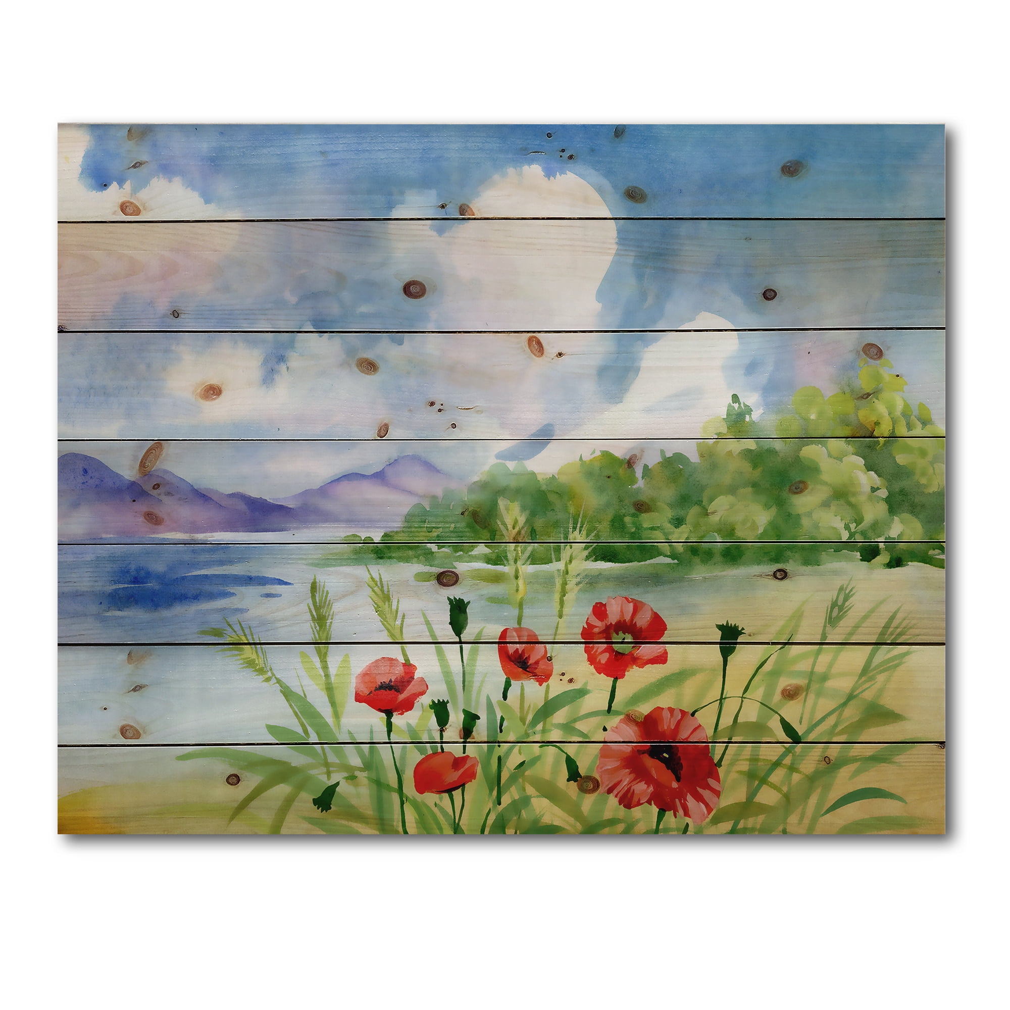 Designart 'Red Tulips On The Bank Near A River Mountain' Lake House Print on Natural Pine Wood