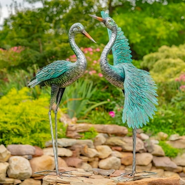 Set of 2 41.5" Tall Stylized Silver & Teal Metallic Crane Garden Figurines