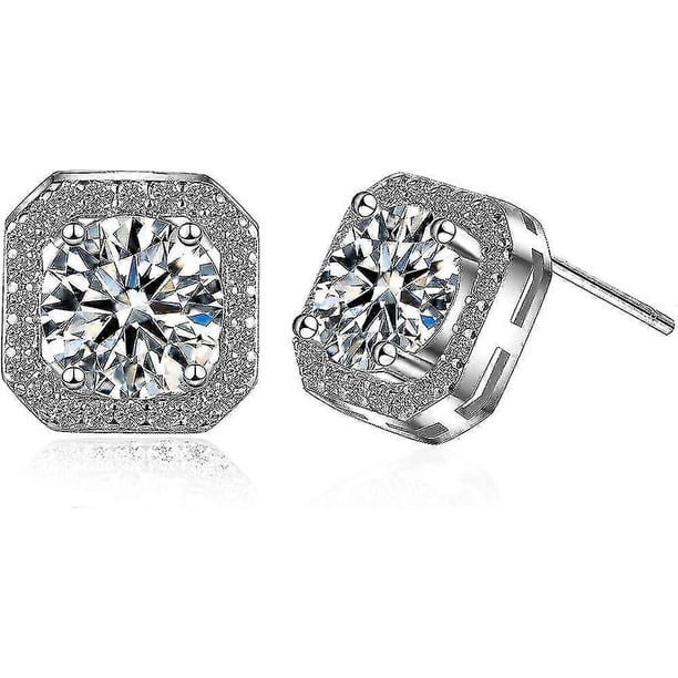 18k White Gold Plated Hypoallergenic Cz Studs Earrings 925 Sterling Silver With Square Diamante Cubic Zirconia Stud Earrings Simulated Diamond Jewelry