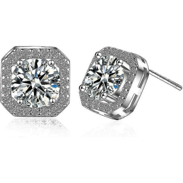 18k White Gold Plated Hypoallergenic Cz Studs Earrings 925 Sterling Silver With Square Diamante Cubic Zirconia Stud Earrings Simulated Diamond Jewelry
