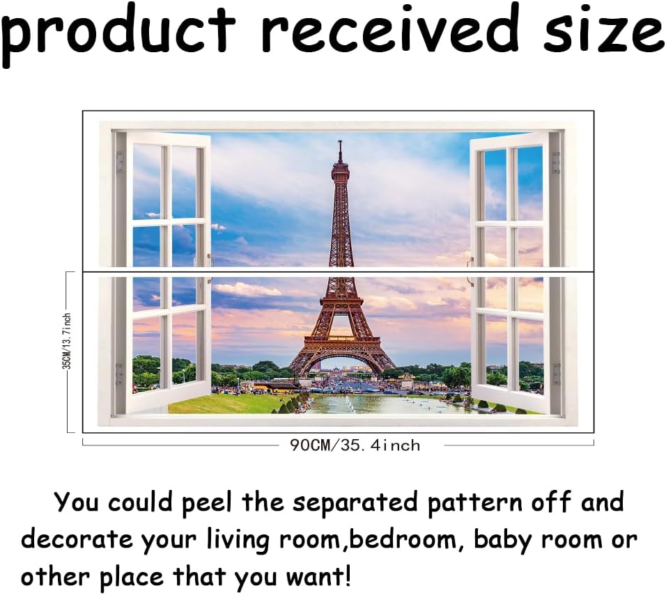 Colorful Eif-fel Tower Wall Decals 3D Window View Wall Sticker Window View Nature Photography Wall Art Vinyl Stickers for Living Room Bedroom Office