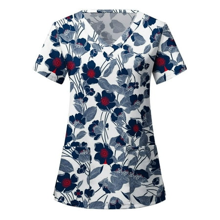 

Scrub Tops Women Stretch Workwear Scrubs Floral Print Summer Short Sleeve V-Neck Medical Scrub Shirts with Pockets