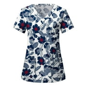 FAFWYP Scrubs for Women, Casual Scrubs Tops Nurse Short Sleeve V Neck Workwear Revolution Mock Wrap Floral Printed Working Uniform Professional Medical Blouse with Pockets on Clearance