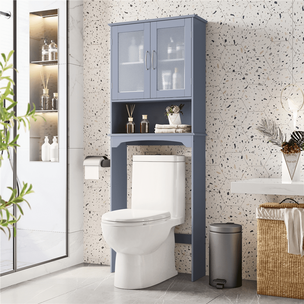 FullFurnique Freestanding Over-the-Toilet Storage Cabinet with 2 Tempered Glass Doors and 1 Open Shelf, Gray