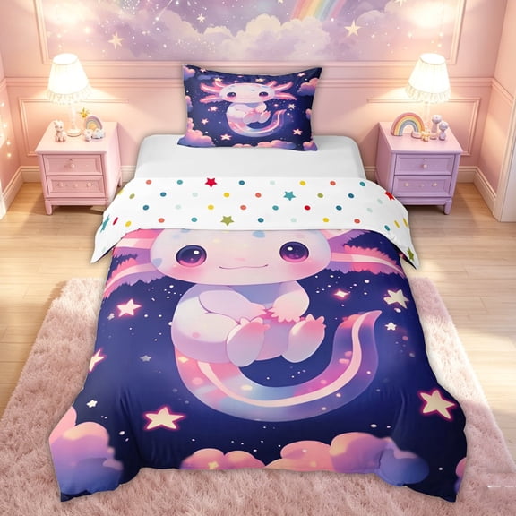 meiyoeat Kawaii Axolotl Twin Duvet Cover for Kids Girls, Galaxy Star Cloud Twin Bedding for Bedroom, Pink Blue, Polkadot Reversible, 2 Pieces