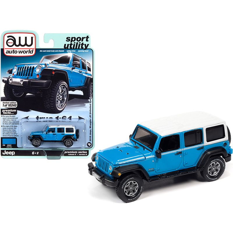 2018 Jeep Wrangler JK Unlimited Sport Chief Blue with White Top and White  Stripes Sport Utility Limited Edition to 10240 pieces Worldwide 1/64  Diecast Model Car by Autoworld 