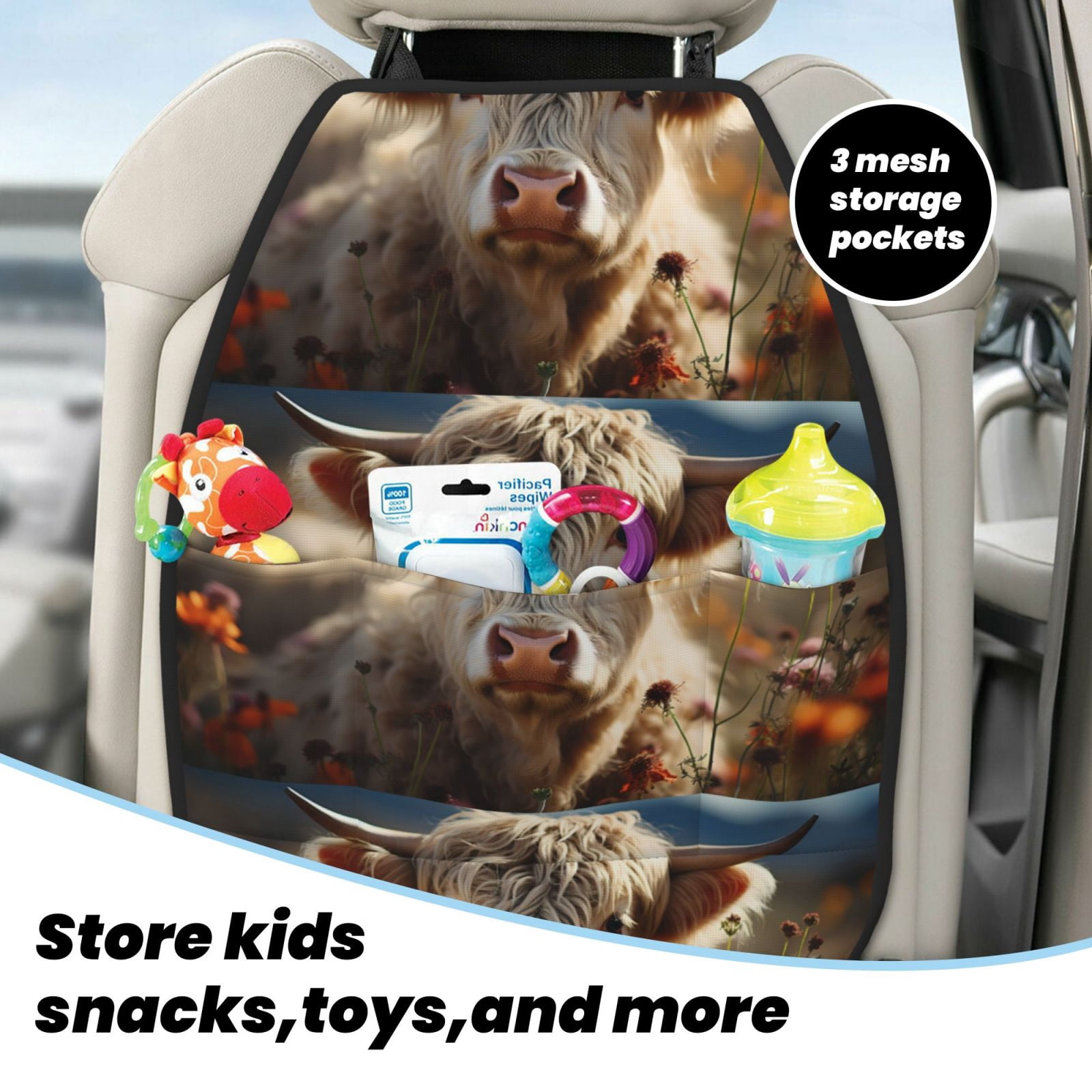 Xecao Adorable Flower Field Cow Pattern Car Seat Back Protector 2 Pack Large Capacity Pocket, Kick Mats Back Seat Protector