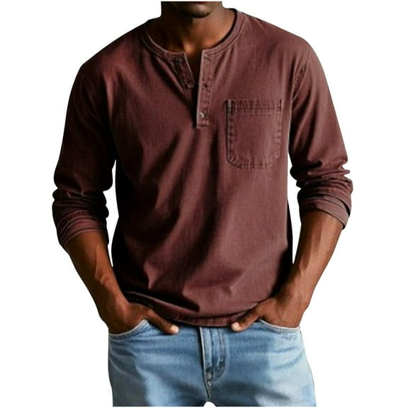 OGLCCG Men's Long Sleeve Distressed Henley Shirts Casual V Neck Solid Color Button T-Shirts with Pocket Classic Loose Fit Work Tees,M,Red