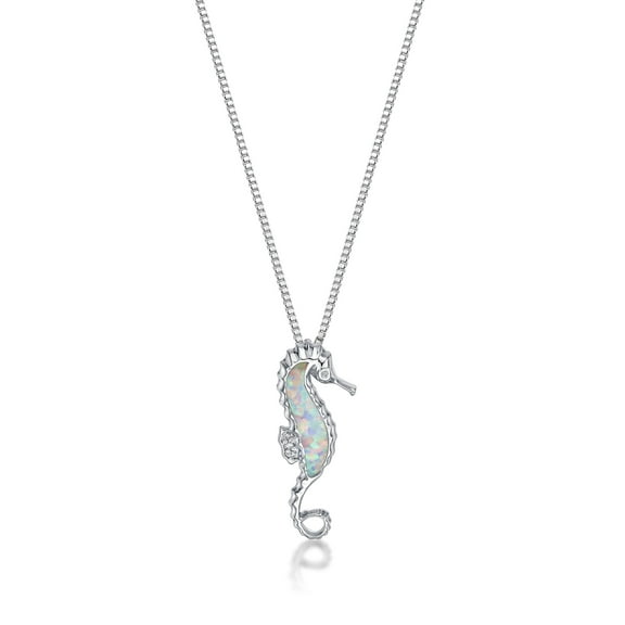 Sterling Silver Created White Opal Seahorse Pendant with .012 Carat Diamonds