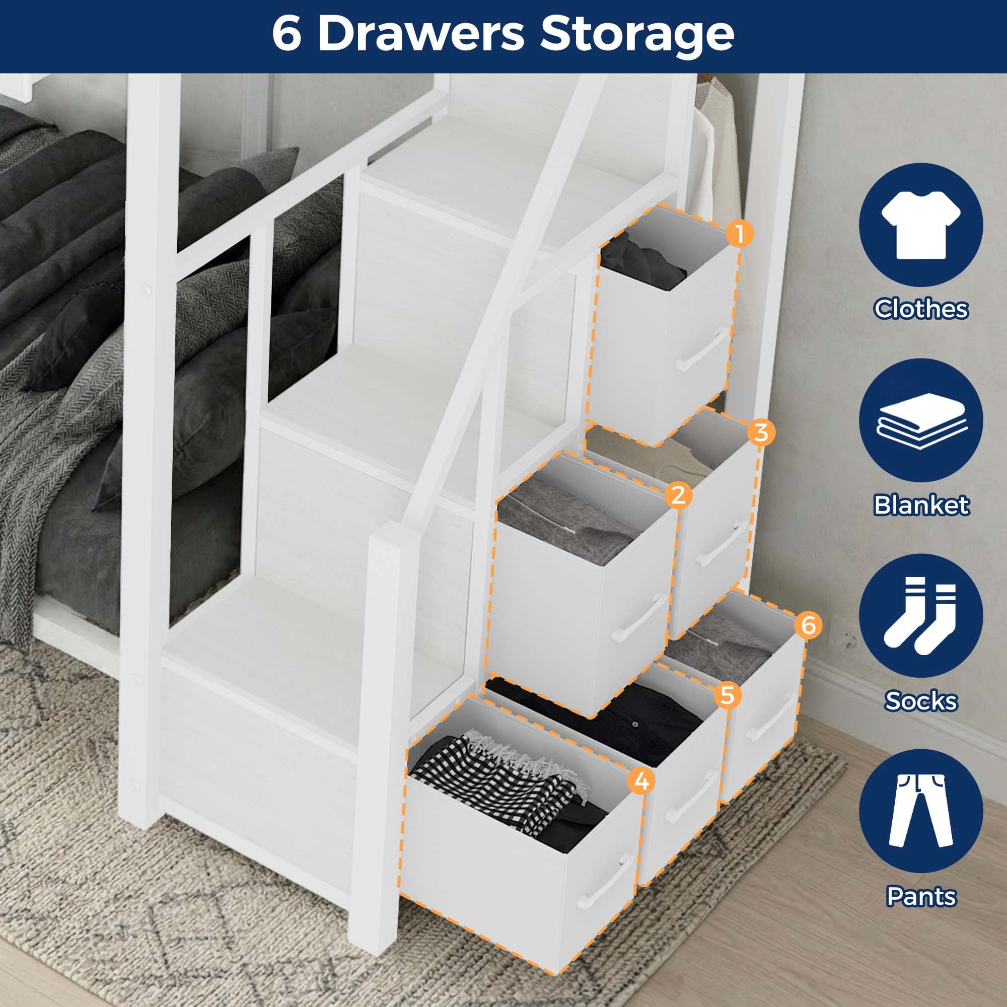 Miniyam Twin over Twin Bunk Bed with Storage Stairs and 6 Drawers, White