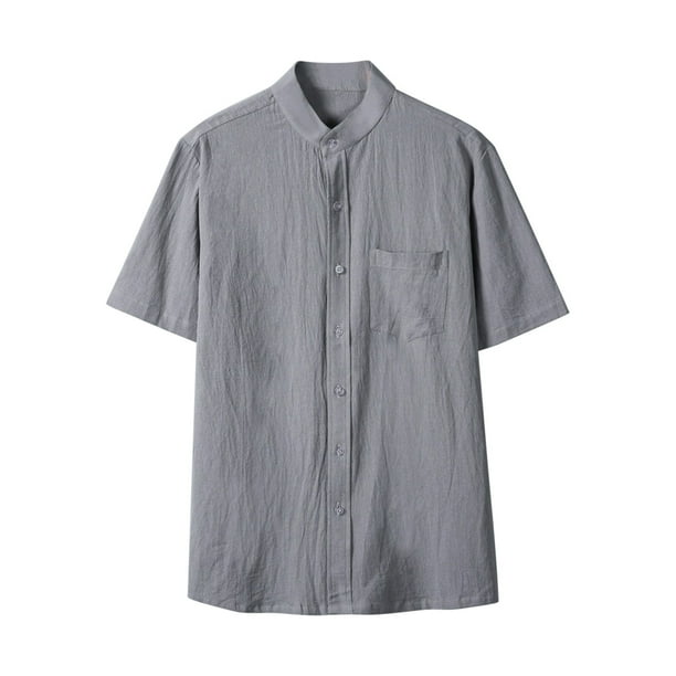 Camisa de Botón de Manga Corta de los Hombres, Holiday Casual Color Sólido, Camisa de Bolsillo de Cuello de Pie