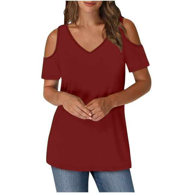 Besolor Hauts à Épaules Dénudées pour Femmes Tendance Col en V Manches Courtes Blouse Habillée Tunique Décontractée pour Sortir