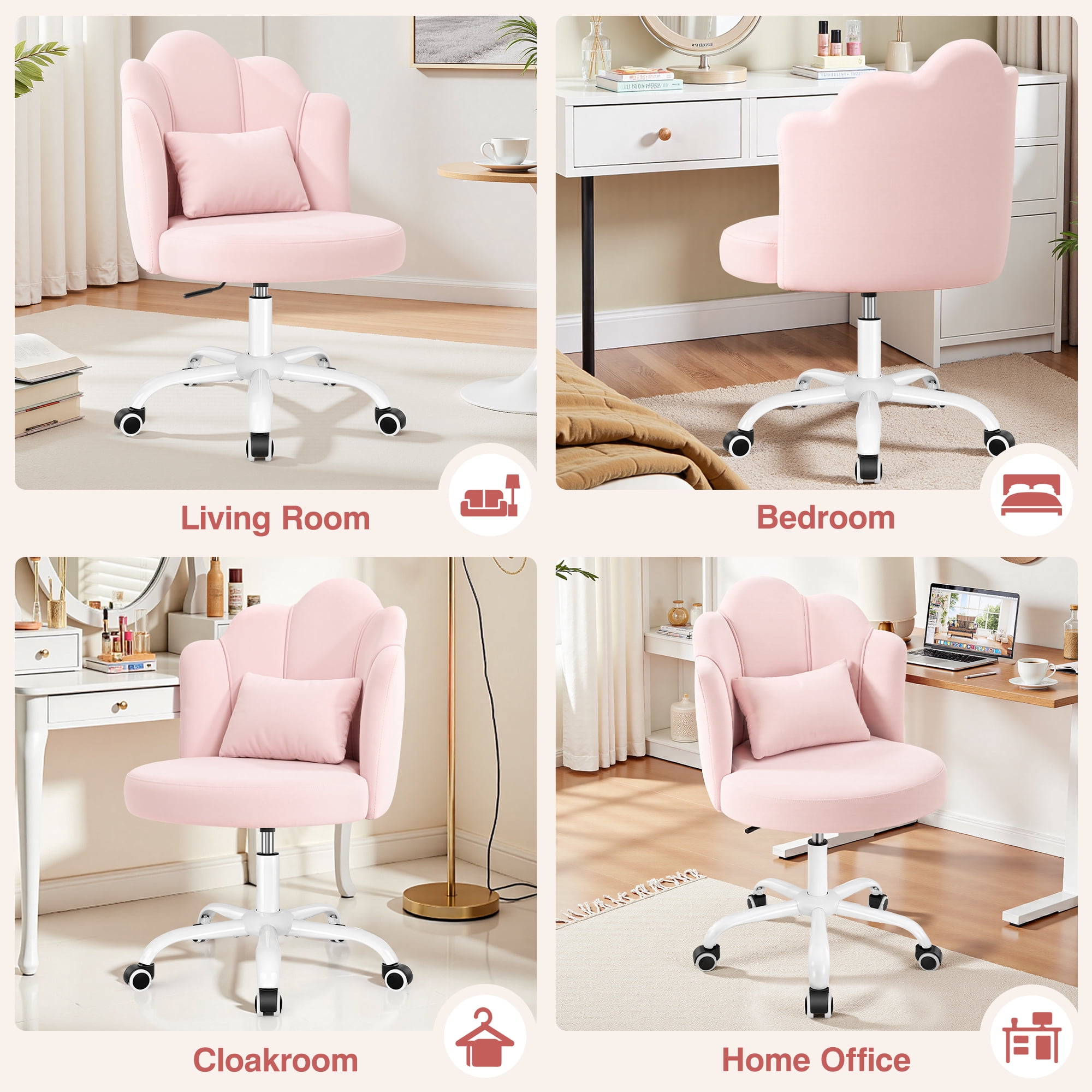 COOLHUT Vanity Chair, Velvet Petal Vanity Makeup Chair with Lumber Support, Home Office Desk Chair with Wheels, Height Adjustable Computer Work Chair for Bedroom, Living Room, Pink