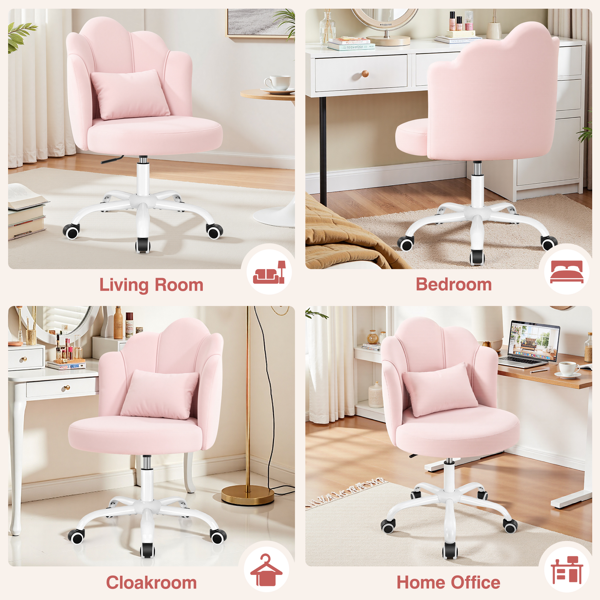 Coolhut Velvet Vanity Chair with Wheels, Pink photo 7