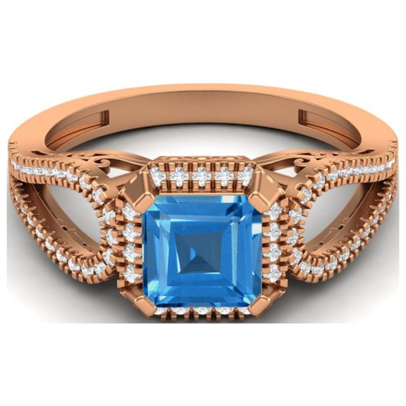 2.5 Ctw Square Shape Swiss Blue Topaz 925 Sterling Silver Rose Vermeil Split Shank Mother's Day Gift Ring