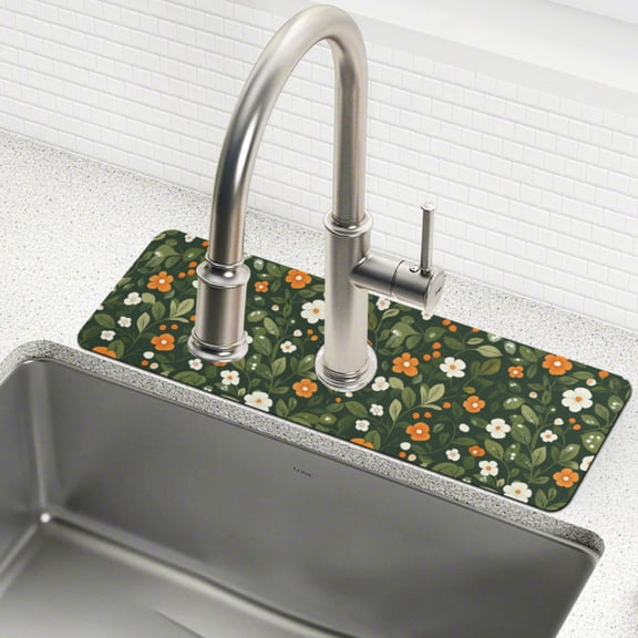 Yayeee Faucet Mat for Kitchen Sink 14.7" Diatomite Long Splash Guard Pad, Green Flowers Pattern