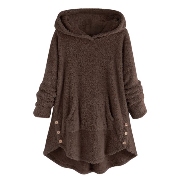 Mode Femmes Bouton Col en V Chandail à Enfiler Hauts Manches Longues Blouse à Capuche Chandail