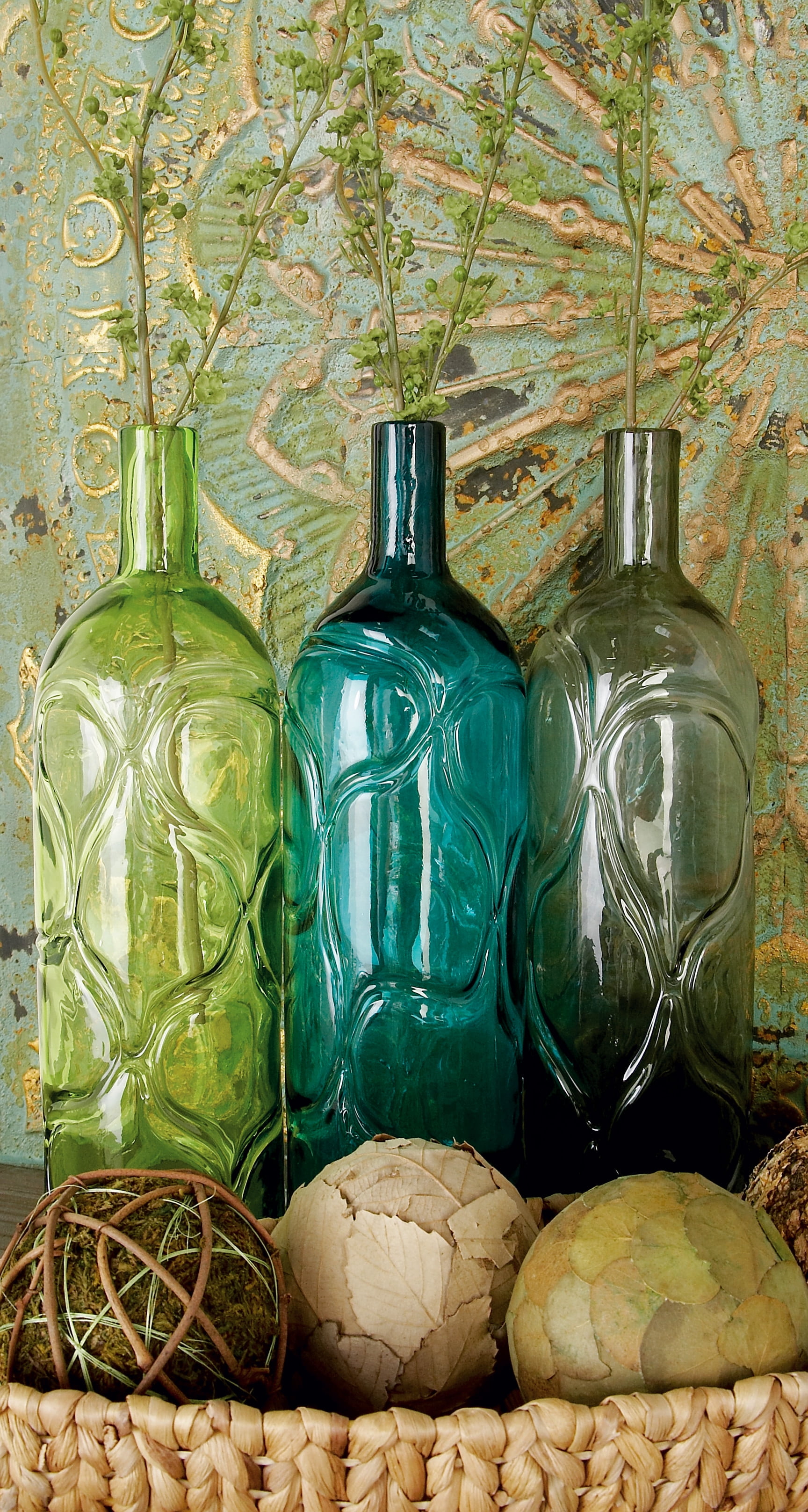 DecMode Set of 3 eclectic 16 inch multicolored spouted glass vases