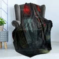 thumbnail image 4 of Fantasy World Soft Flannel Fleece Throw Blanket, Fictional Reverent Character in Building Dark Gothic Demonic Devil Print, Cozy Plush for Indoor and Outdoor Use, 70" x 90", Grey and Red, by Ambesonne, 4 of 5