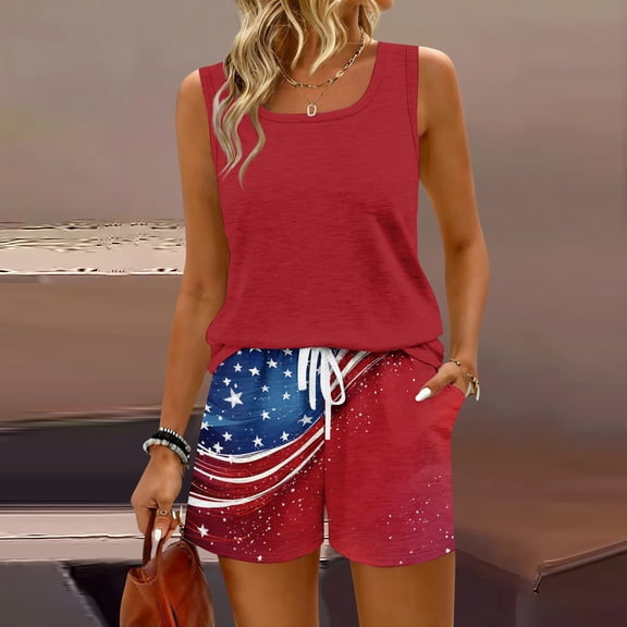 Iaqnaocc Two Piece Sets for Women 4th Of July American Flag Stars Flag Print Womens Short Sets Square Neck Sleeveless Tank Top and Drawstring Shorts Summer Outfits Red L