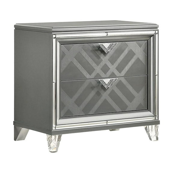 2 Drawers Nightstand With Silver Mirror Trim - Acrylic Legs, Art Pattern, Faux Diamond Pulls For Bedroom Furniture & Chargers, Appealing
