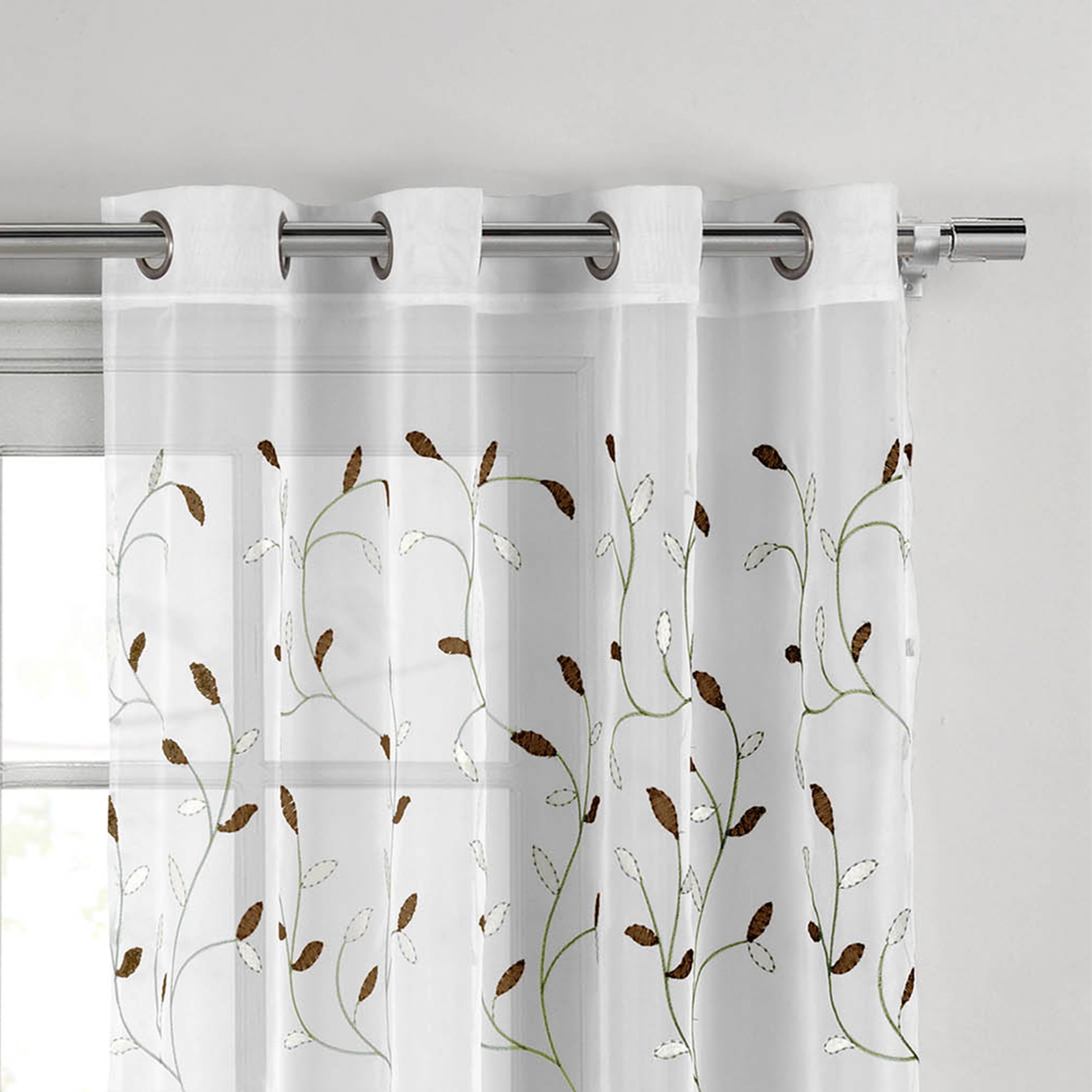 Grommet Curtain Panel, Embroidered Sheer Extra-Wide, Brown 54" x 63"