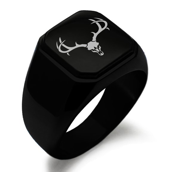 Stainless Steel Colossal Antlers Engraved Square Flat Top Biker Style Polished Ring