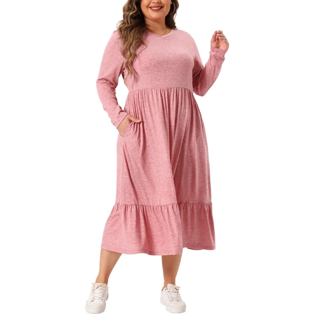 Vestido de Pascua de Talla Grande para Mujeres Agnes Orinda, Manga Larga, Corto en A con Bolsillos 2X Rosa