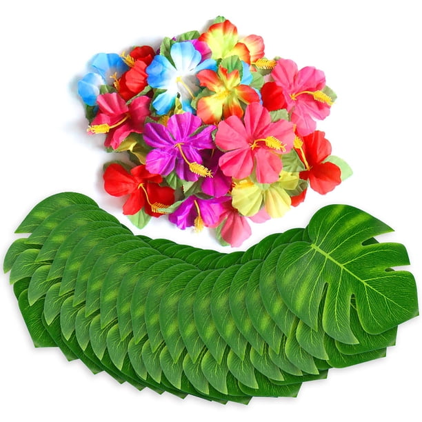60 Piezas De Decoración De Fiesta Tropical, Hojas De Palma Tropicales, Flores De Hibisco, Simulación De Hojas Artificiales Para Fiesta Hawaiana Luau Safari, Selva, Playa, Barbacoa, Decoración De Mesa