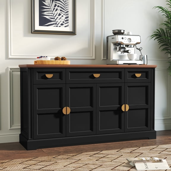 HLR 59"W Modern Large Sideboard Buffet Cabinet with Storage, 3 Drawers and 4 Doors for Kitchen, Black