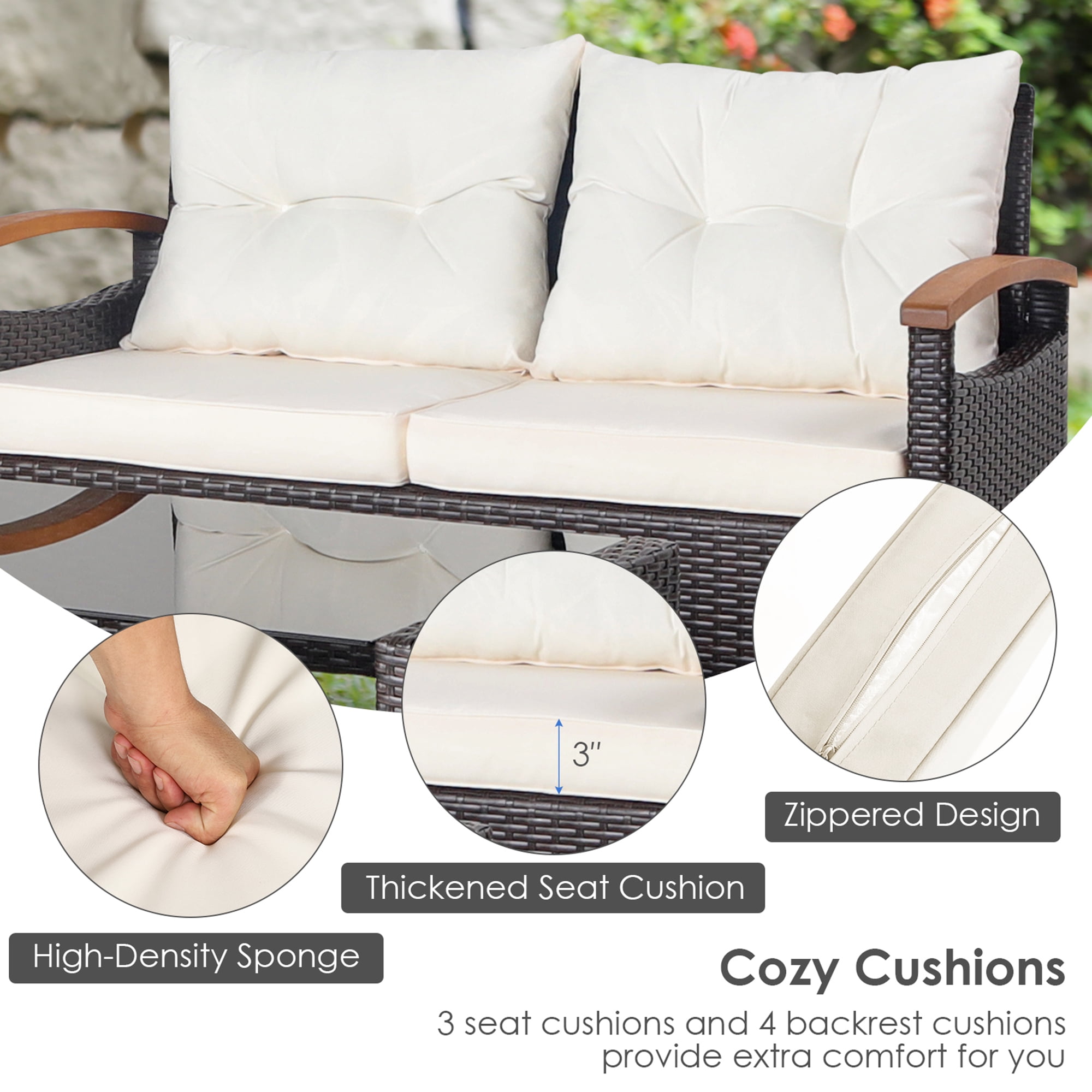 Gymax 4PCS Patio Conversation Set Rattan Sofa Furniture Set w/ Off White Cushions