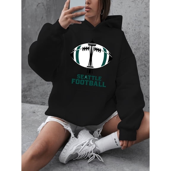 Women's rugby print hooded sweatshirt, casual pullover