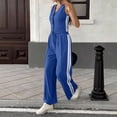 thumbnail image 5 of Women's 2 Pcs Outfits White Striped V Neck Button Blazer Vest Pants Tracksuit - Sleeveless Tops Wide Leg Trouser Pants Suits Casual Sets 2026 - Summer Trendy Vacation Lightweight Suit Blue M, 5 of 8