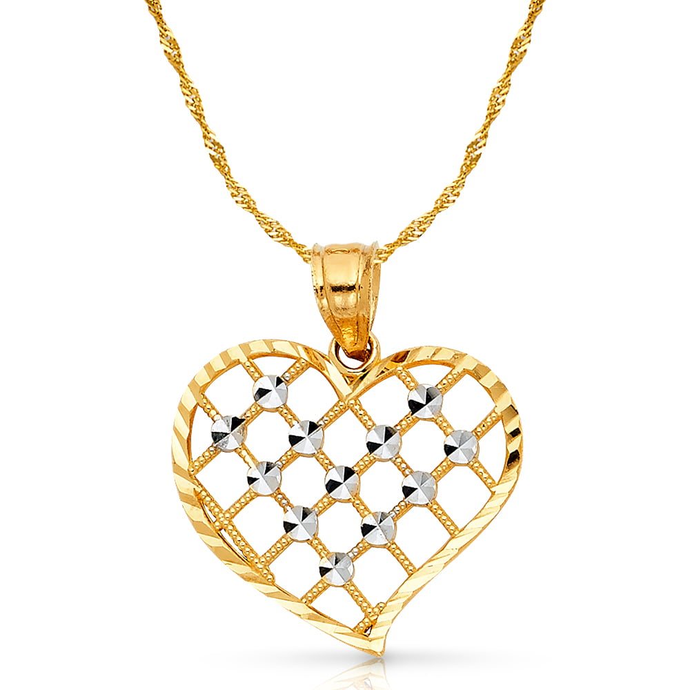 14K Two Tone Gold 16 Years Heart Charm Pendant with 1.2mm Singapore Chain Necklace