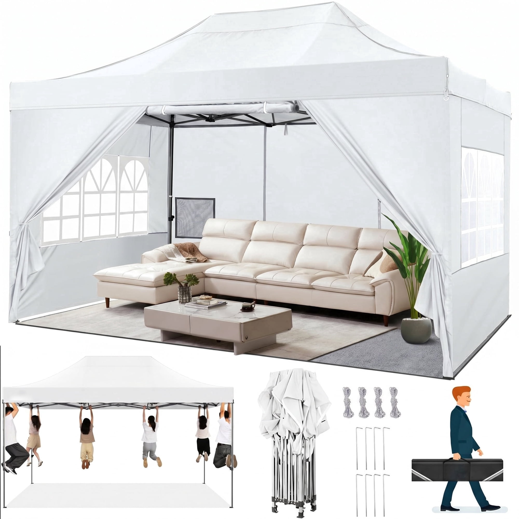 COBIZI 10x15 Pop up Canopy Tent Heavy Duty with 4 Sidewalls, Thicken Frame Commercial Outdoor Tents for Parties All Season Wind & Easy Up Gazebo with Portable Bag, White