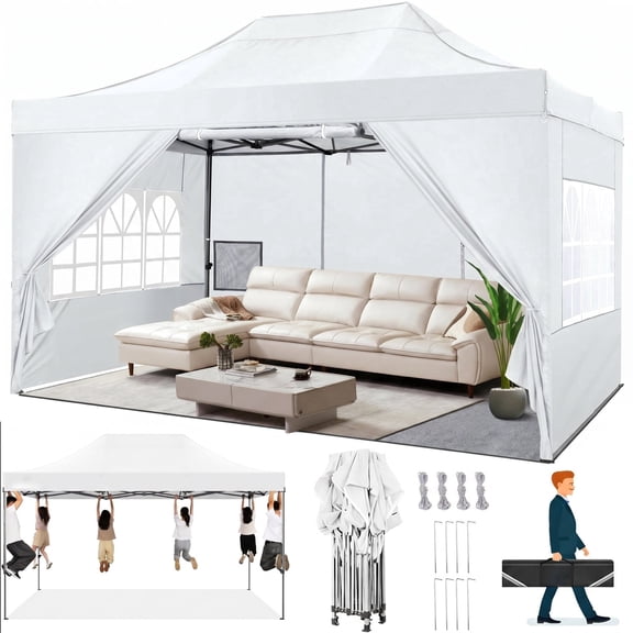 HOTEEL 10x15 Pop up Canopy Tent Heavy Duty with 4 Sidewalls, Thicken Frame Commercial Outdoor Tents for Parties All Season Wind & Easy Up Gazebo with Portable Bag, White