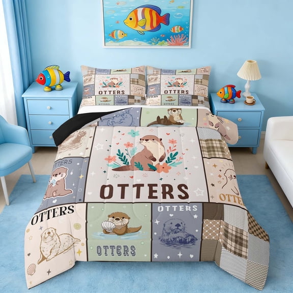 Manfei Cartoon Otter Queen Comforter Set for Kids Boys and Girls, Cute Animal Print Bedding Comforter Set, Black Reversible 3-Piece, 1 Comforter and 2 Pillowcases