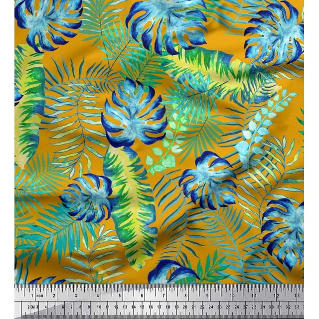 Soimoi Modal Satin Fabric Leaves Tropical Print Sewing Fabric Yard 42 Inch Wide