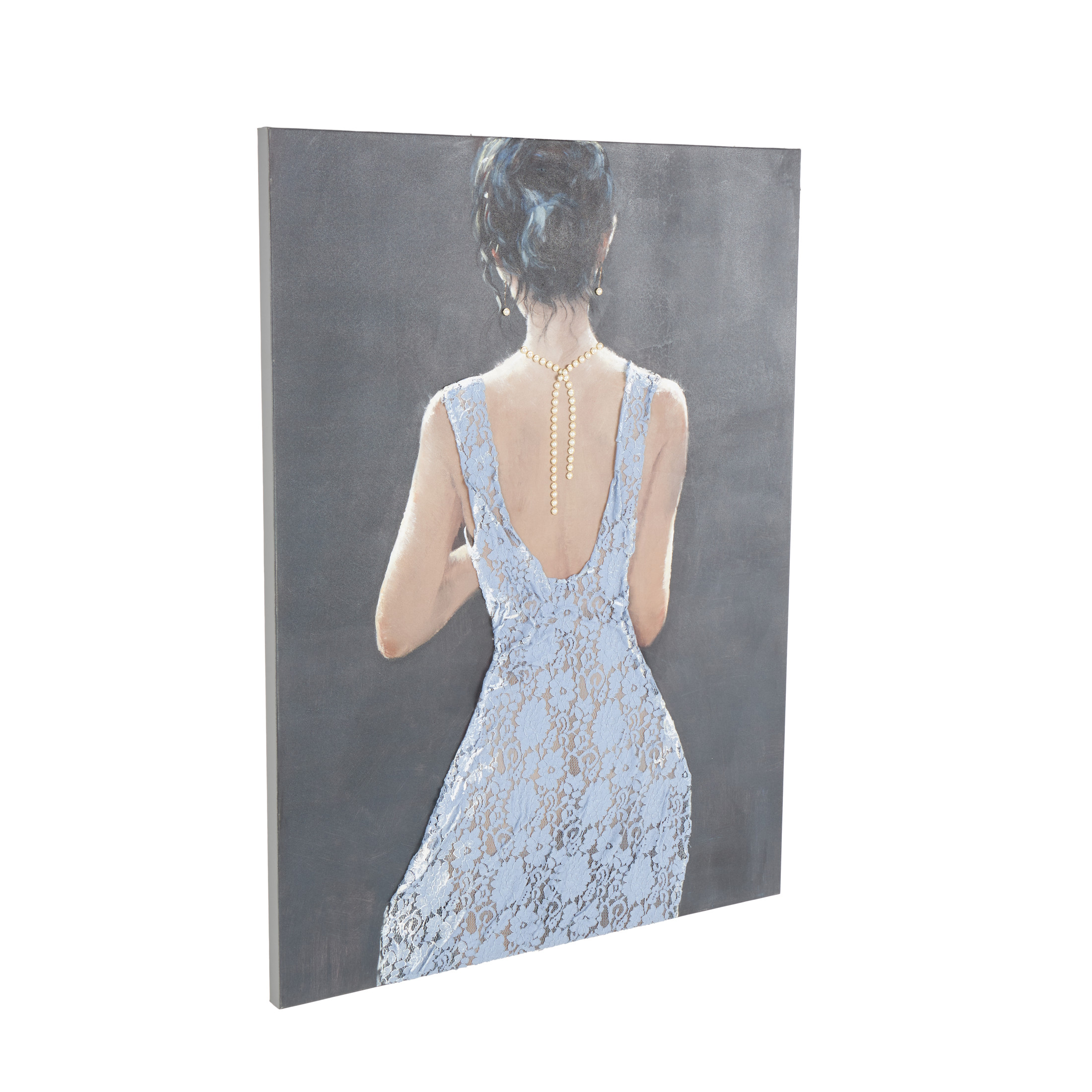 36" x 48" Woman Framed Wall Art with 3D Blue Fabric Dress and Gold Jewels, by DecMode