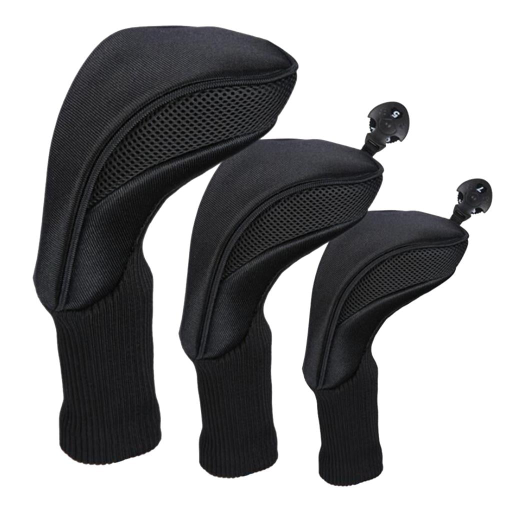 3pcs Mesh Golf Wood Head Cover Headcover with No. Tag for Fairway 400cc Driver Black