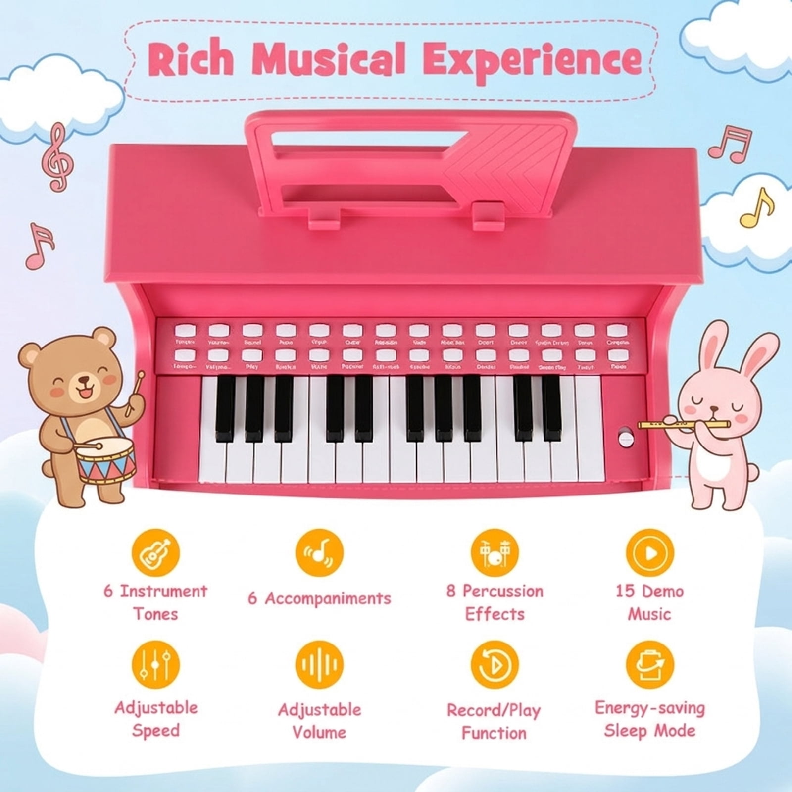 Redsmile 25-Key Kids Mini Digital Piano with Stool, Music Stand and Wooden Cabinet for Toddlers, Pink