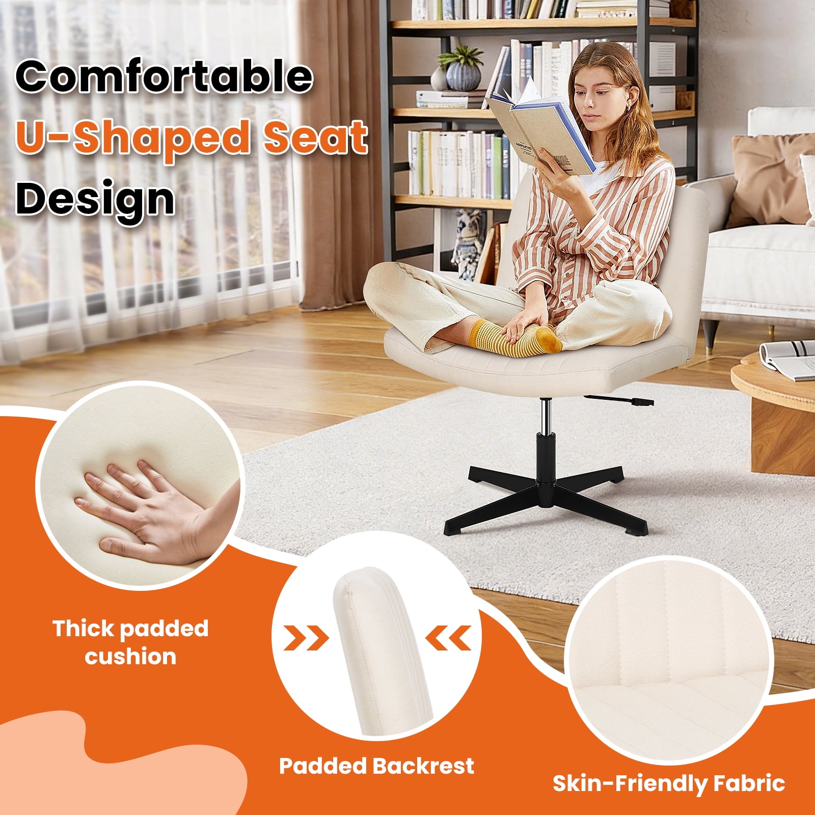 Dkelincs Criss Cross Chair Adjustable Wide Computer Desk Chair Armless Vanity Chair Modern Task Chair No Wheels, Beige