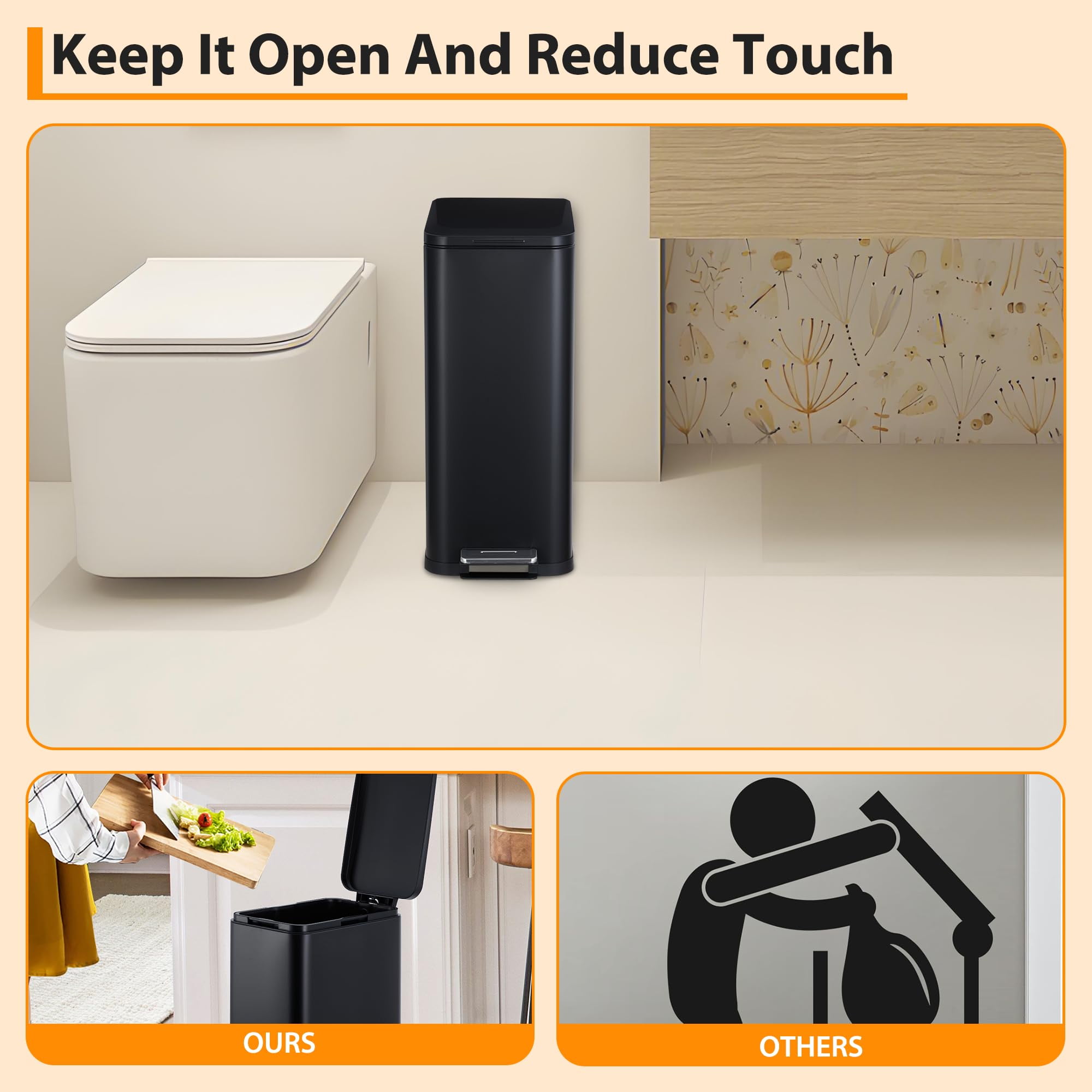 13 Gallon Tall Kitchen Garbage Can, Hands-Free Stainless Steel Trash Can with Lid Soft Close, Step Pedal, Slim Rectangular Fingerprint-Resistant Kitchen Trash Can with Removable Inner Bucket