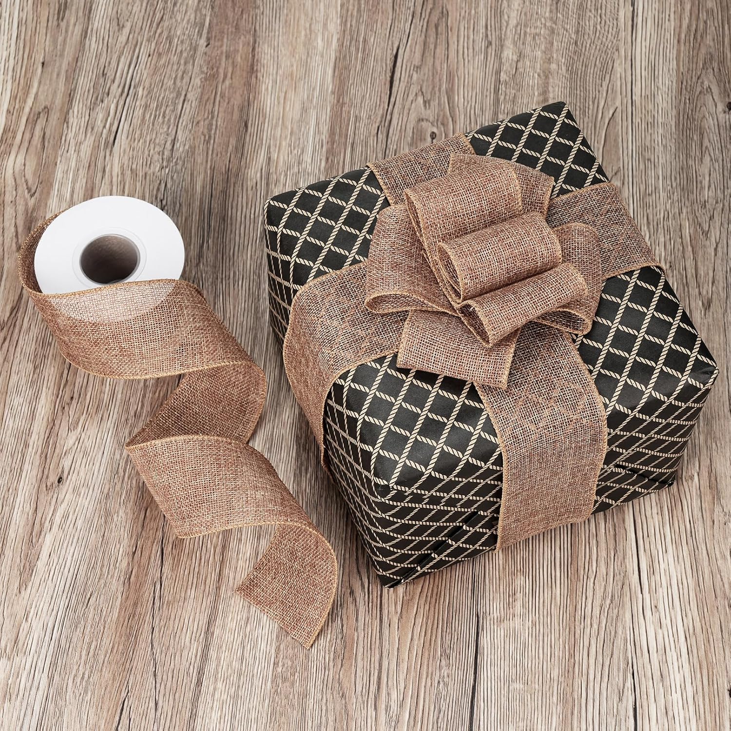 Gold Brown Burlap Wired Ribbon 2-1/2 Inch, Solid Ribbon with Wire Edge for Father's Day Decoration, Big Bow, Outdoor Wreath, Gift Wrapping, 10 Yards/Roll.