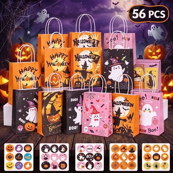 Leyaron Halloween Trick or Treat Bags, 56 Pcs Paper Candy Gift Bags with Handles for Halloween Kids Party Gift Candy Snacks Treat Cookie Supplies