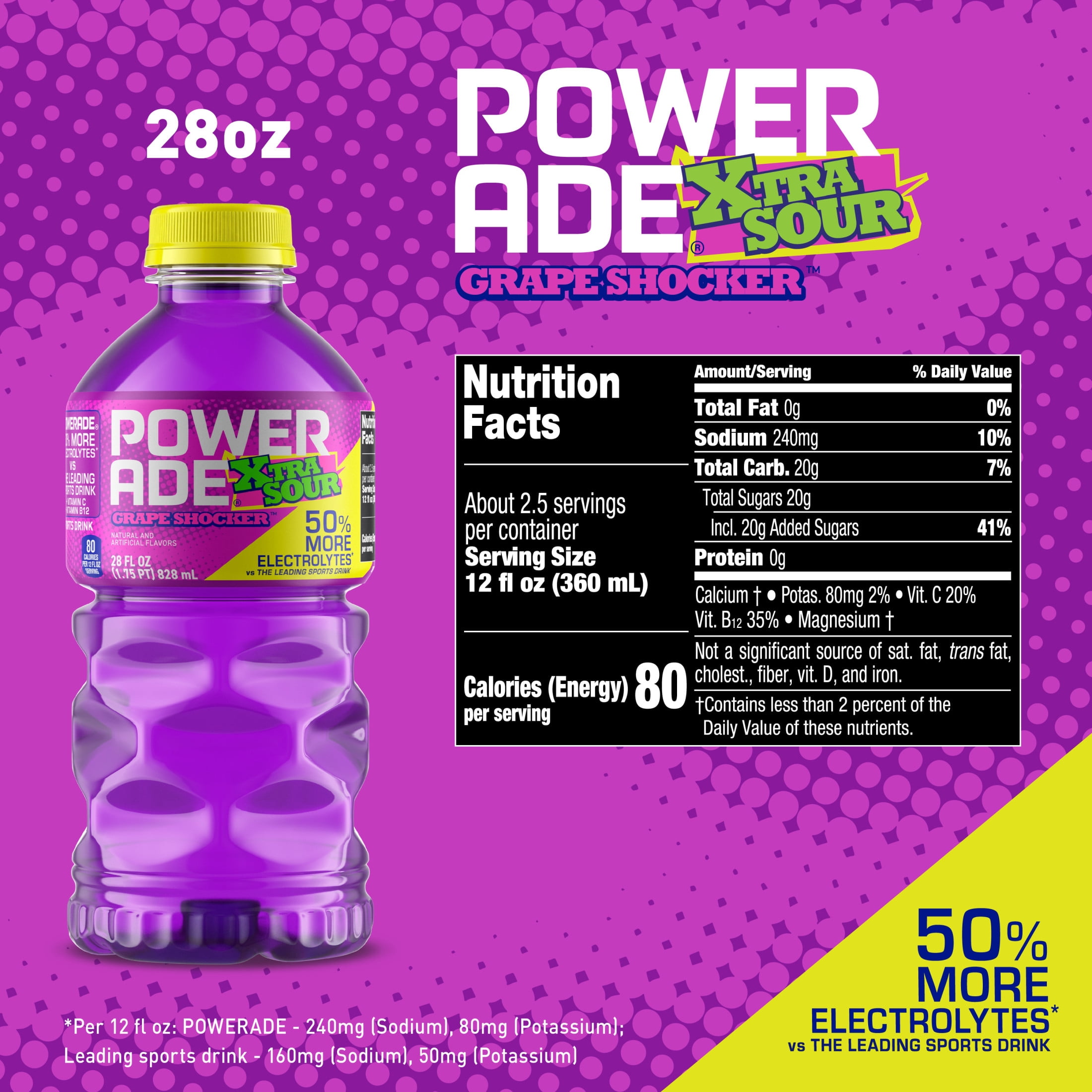 POWERADE XTRA SOUR Grape Shocker Electrolyte Sports Drink Bottle, 28 fl oz